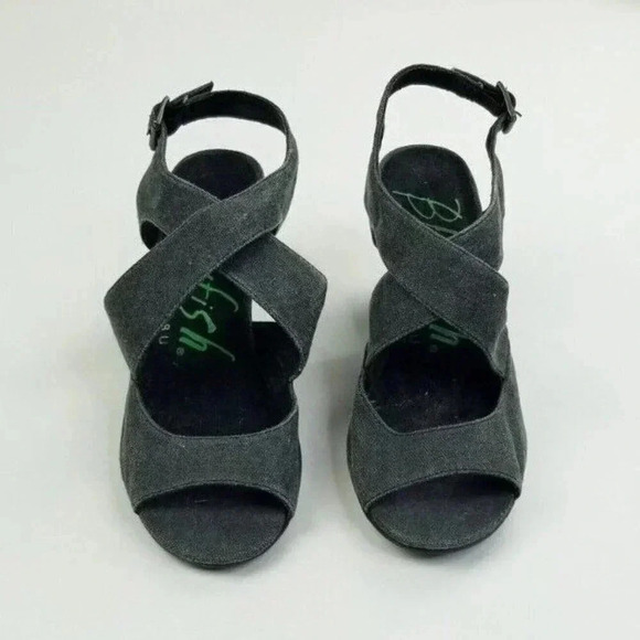 Blowfish Sz 9 Womens Charcoal Gray Denim Canvas Cross Strap Wedge Heel Slingback - Picture 10 of 12